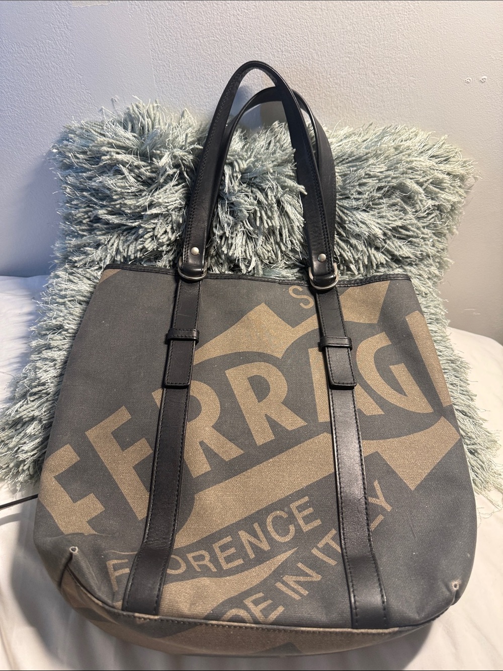 Salvatore Ferragamo Black and Brown Logo Canvas Tote